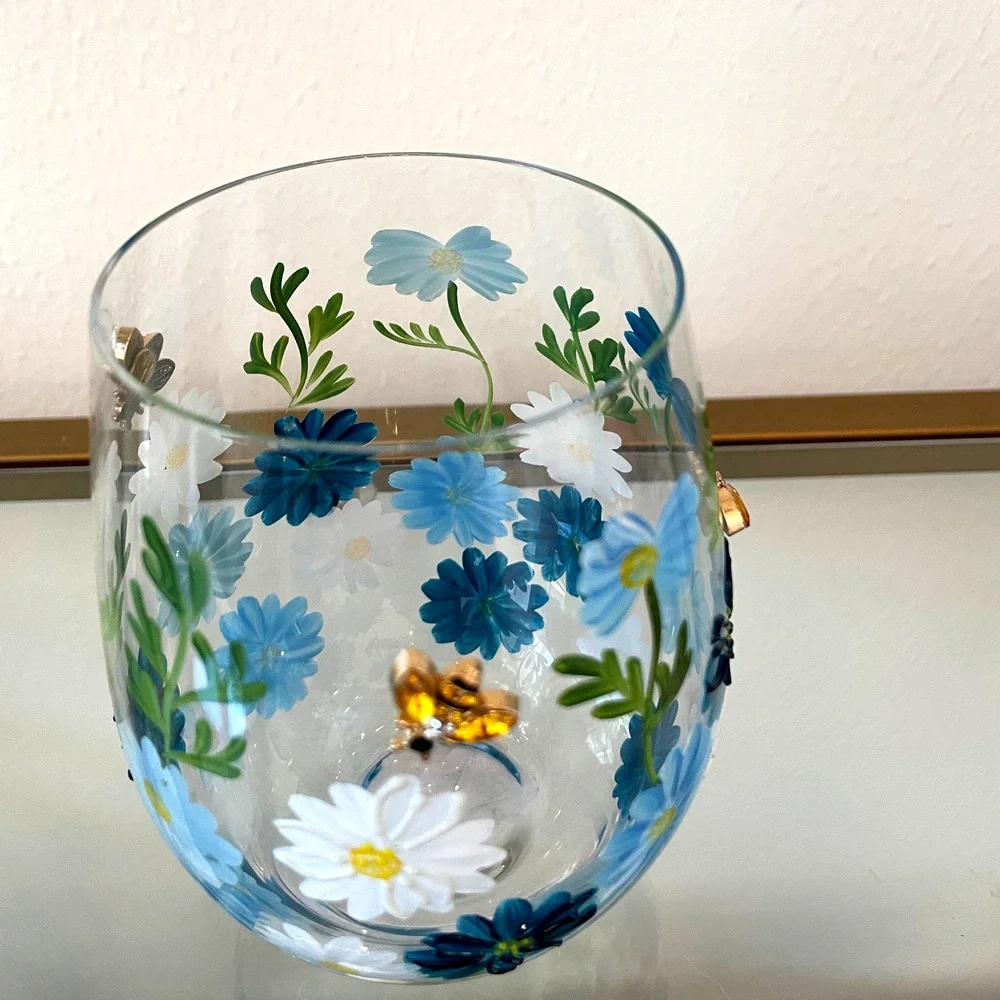 Hand Painted & Jeweled Stemless Wine Glass Blue Daisy Floral Bumblebee NEW
